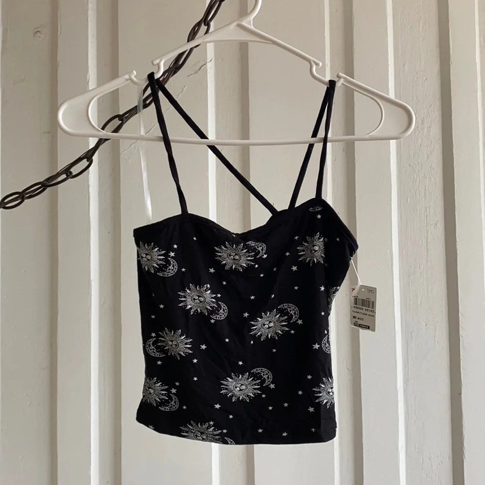 Celestial Sun Moon And Star Asymmetrical Crop Tank Top - Picture 1 of 5